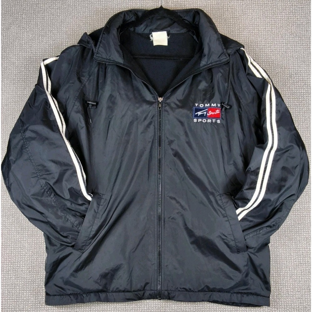 Vintage Tommy Sports Big Logo Hooded Windbreaker Lined Jacket Black Oversized M